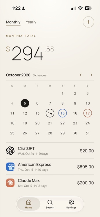 Luna home screen with the monthly total, a calendar marking each charge date, and upcoming renewals