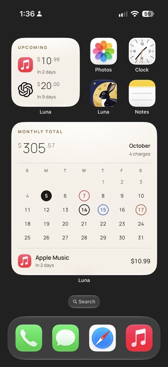 Home Screen with Luna widgets showing upcoming charges and a monthly calendar