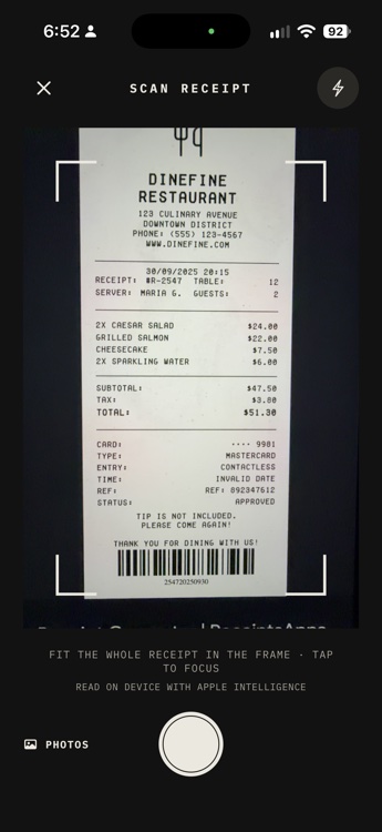 Tip Scan camera viewfinder framing a restaurant receipt