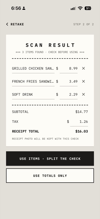 Tip Scan scan result listing each line item with the subtotal, tax and receipt total